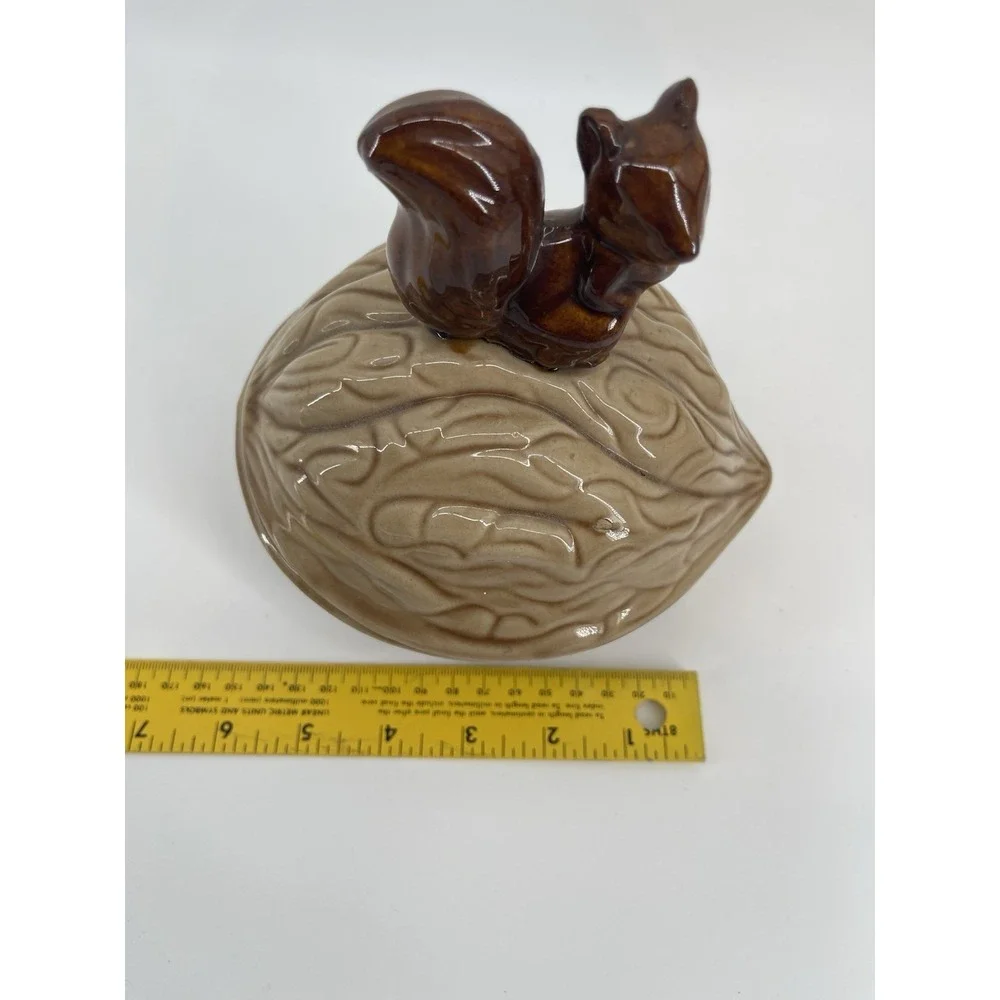Ceramic Squirrel On Creme Acorn Walnut Candy Dish Nut Bowl Serving Jar Vintage